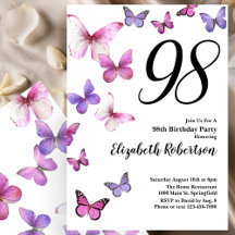 Invitación al 98 cumpleaños de Butterfly en rosa y