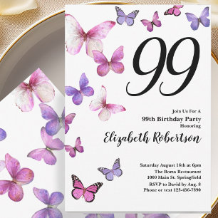 Invitación al 99 cumpleaños de Butterfly en rosa y