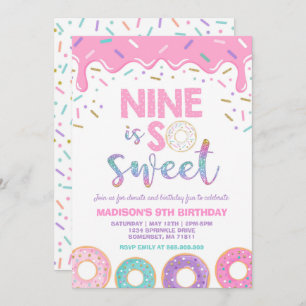 Invitación al 9 de cumpleaños Donut Nueve es dulce