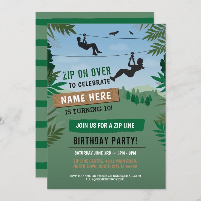 Invitación al aire libre de Zip Line Birthday Adve (Anverso / Reverso)