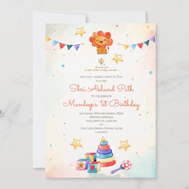 Invitación al Akhand Path para el primer cumpleaño (Anverso)