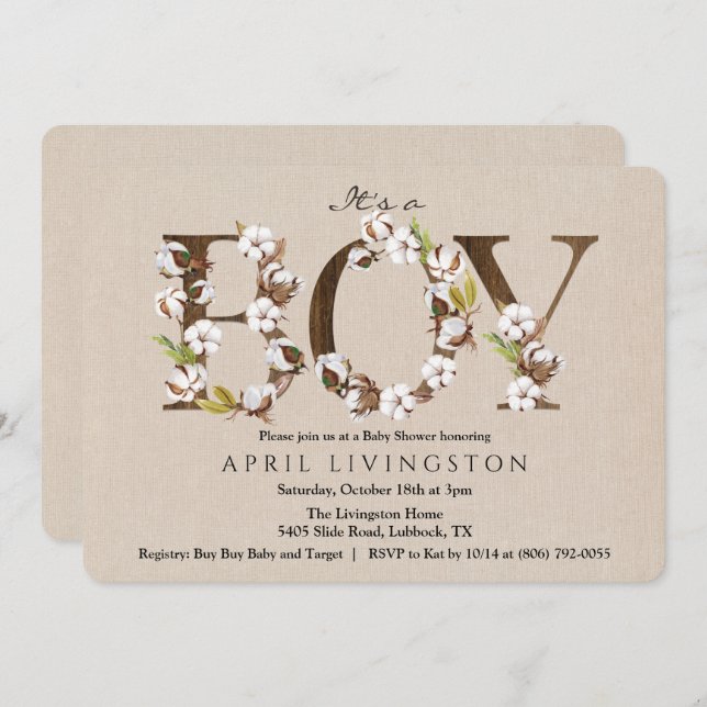 Invitación al alfabeto de algodón de Baby Shower B (Anverso / Reverso)