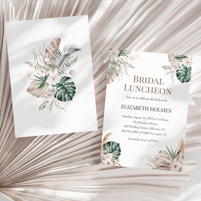 Invitación al almuerzo de la Noche Orquídea Tropic (Boho Tropical Orchid Bridal Luncheon Invitation on a sunny neutral dry palm leaf.)