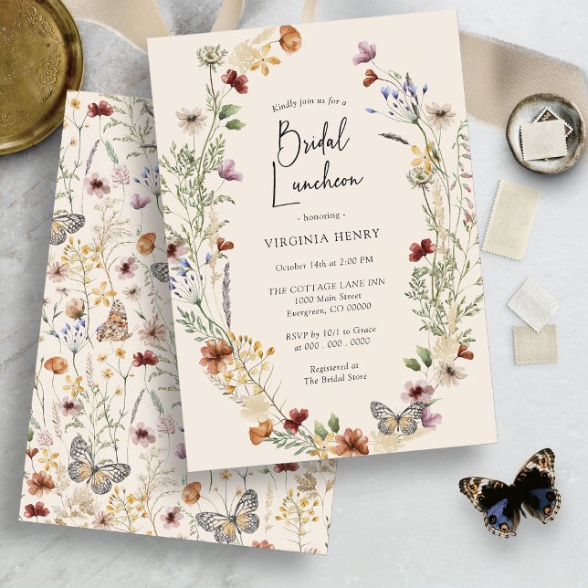 Invitación al almuerzo del Boho de flores (Wildflower Floral Boho Bridal Luncheon Invitation by Painted Paperie
)