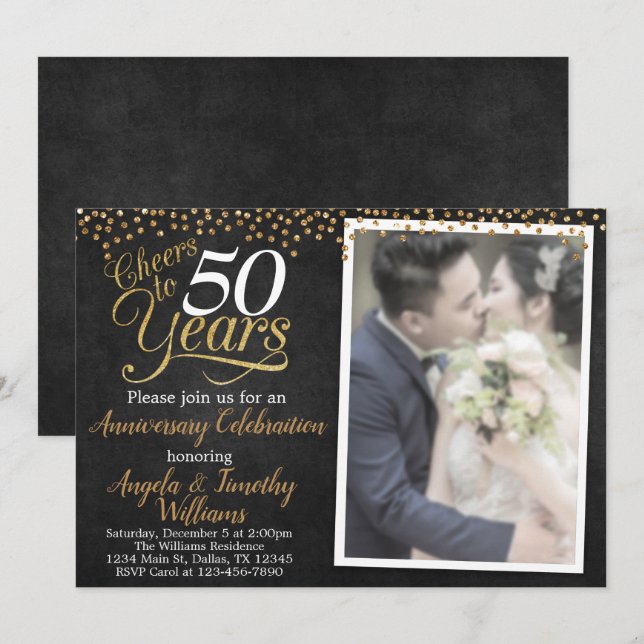Invitación al aniversario de Boda negro y oro (Anverso / Reverso)