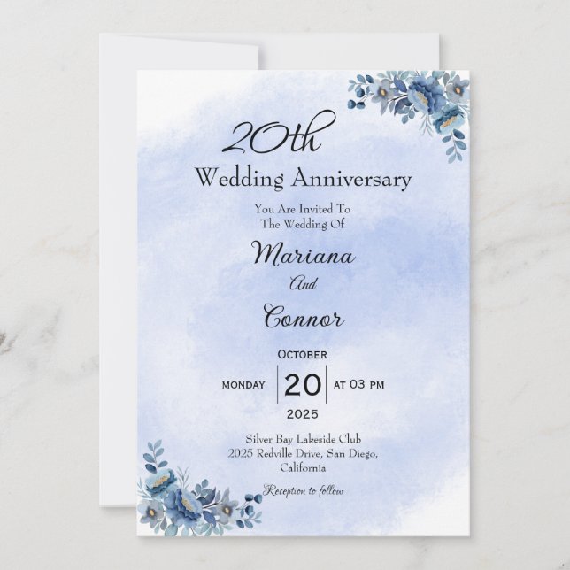 Invitación al Aniversario del Boda Floral Azul Clá (Anverso)