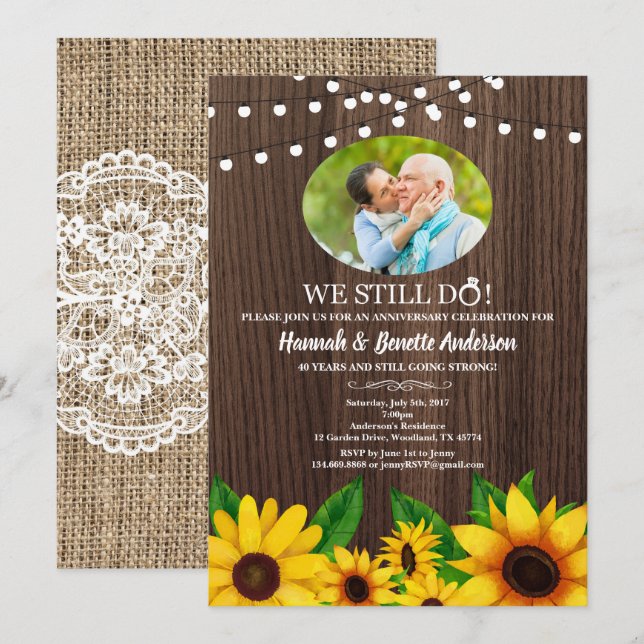 Invitación al aniversario del boda Foto girasol (Anverso / Reverso)