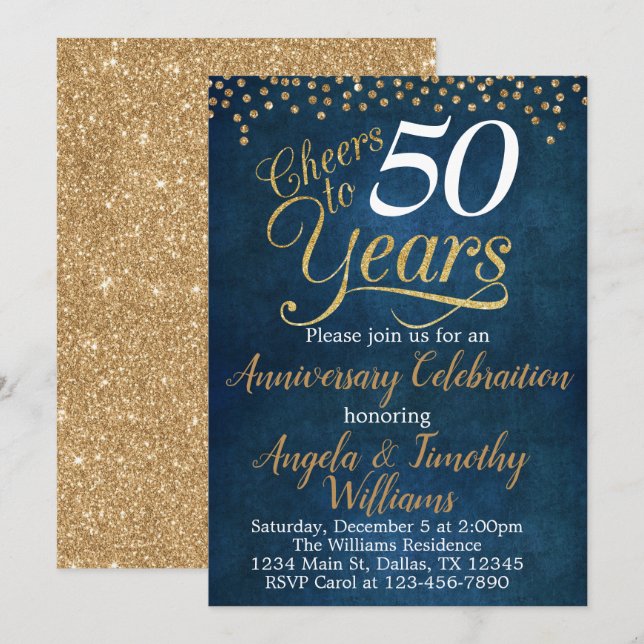 Invitación al aniversario del Boda Navy Blue Gold (Anverso / Reverso)