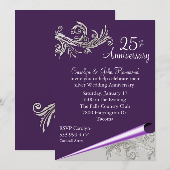Invitación al Aniversario del Boda Púrpura y Plata (Anverso / Reverso)