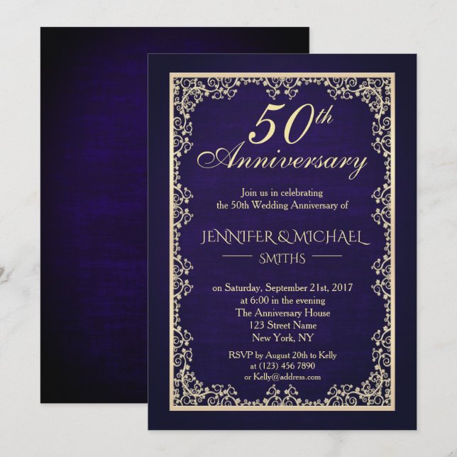 Invitación al aniversario del Boda Real Azul Vinta (Anverso / Reverso)