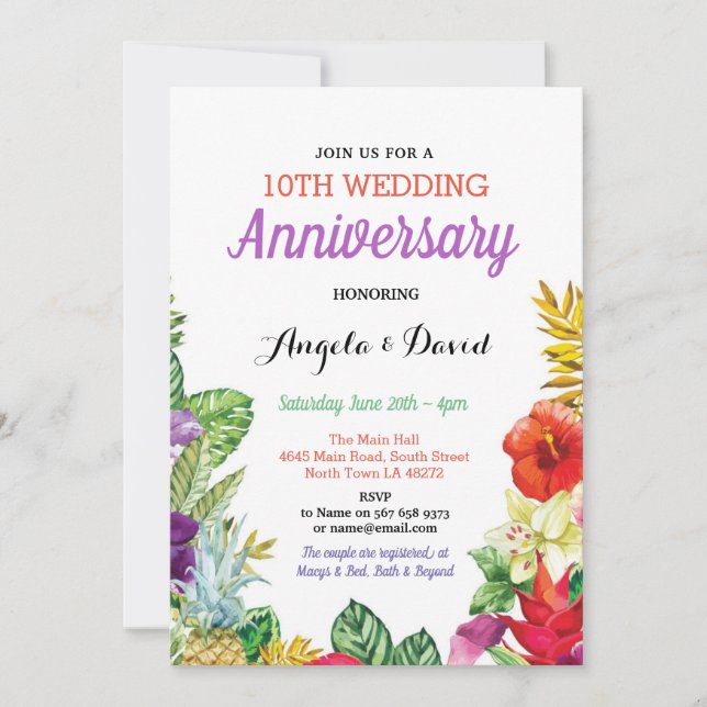 Invitación al aniversario floral del Boda Tropical (Anverso)