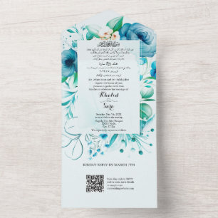 Invitación al árabe azul e inglés todo en una boda