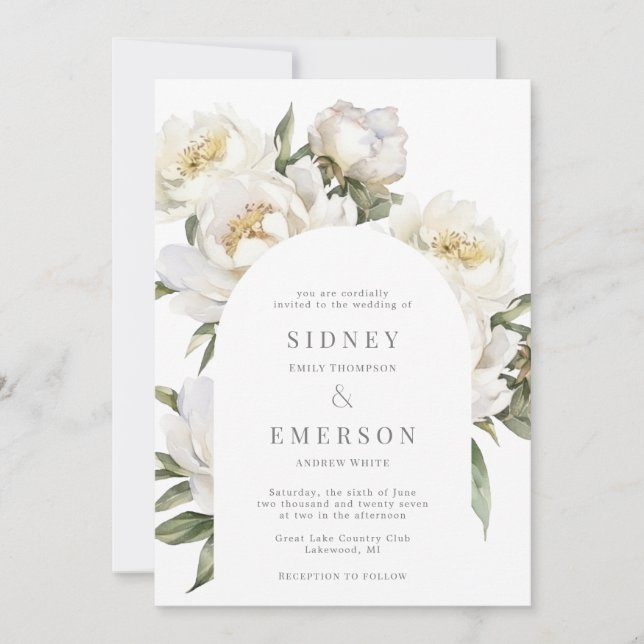 Invitación al arco del Boda floral White Peony (Anverso)