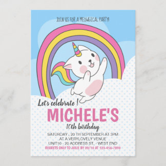 Invitación al arco iris del gato de unicornio