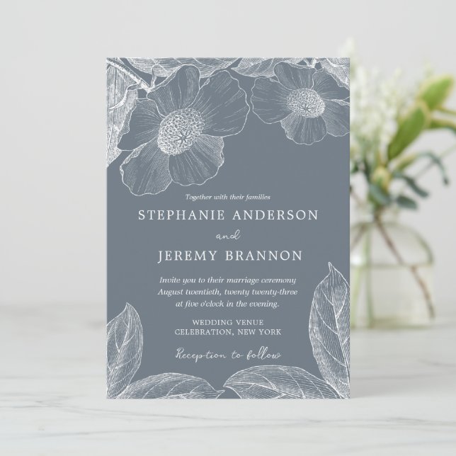 Invitación al arte de la Línea Floral Azul Dusty (Anverso de pie)