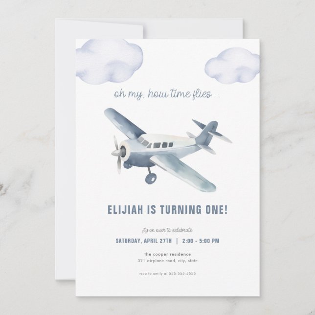 Invitación al avión de cumpleaños de Blue Airplane (Anverso)