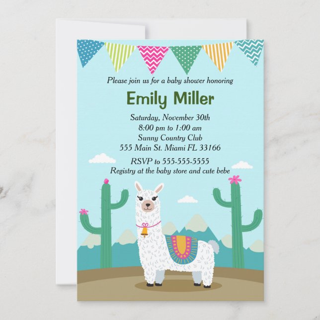 Invitación al Baby Shower Alpaca Llama (Anverso)