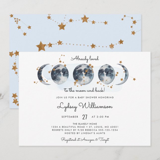 Invitación Al Baby Shower Celestial De La Luna (Anverso / Reverso)