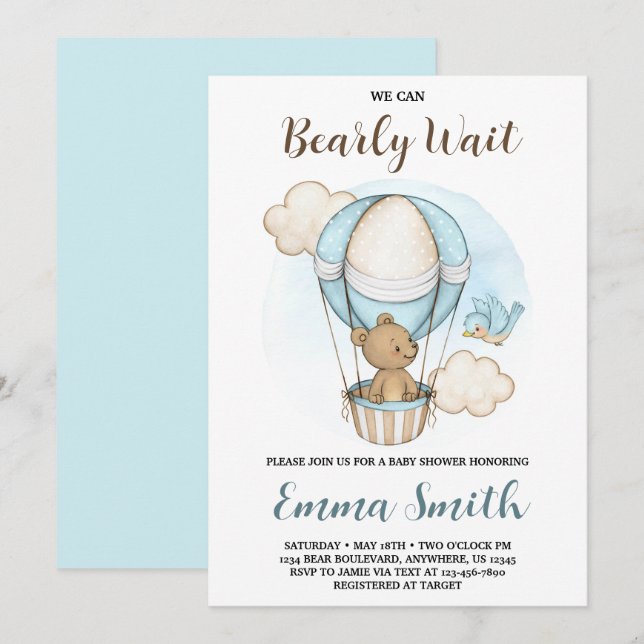 Invitación al baby shower con globo aerostático de (Anverso / Reverso)