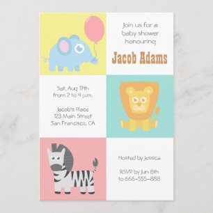 Invitación al baby shower con tema de animales del