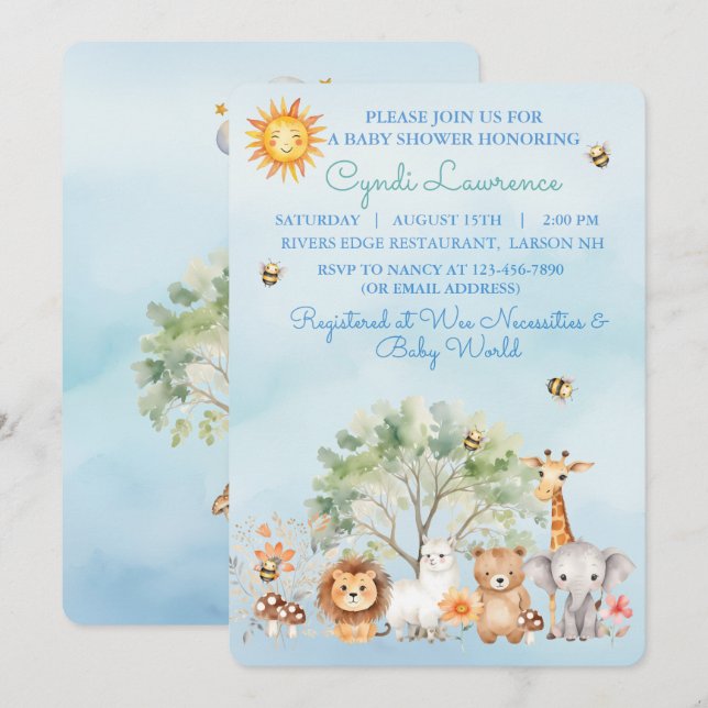 Invitación al Baby Shower de Animales del Zoológic (Anverso / Reverso)