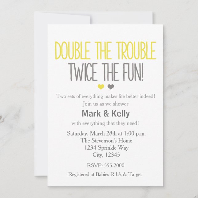Invitación al Baby Shower de gemelos: Doble proble (Anverso)