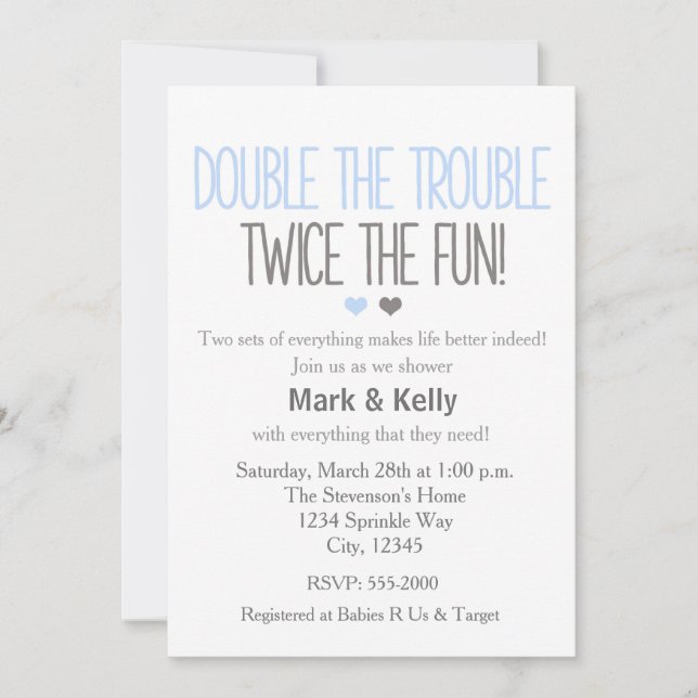 Invitación al Baby Shower de gemelos: Doble proble (Anverso)