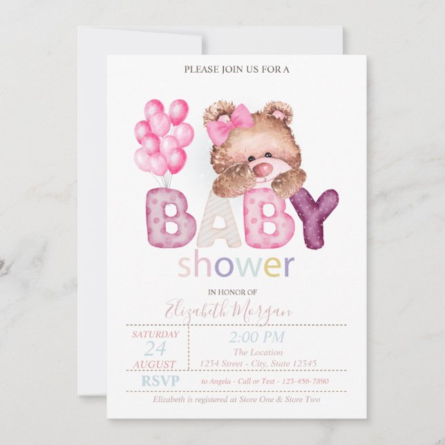 Invitación al baby shower de globos de osito de pe (Anverso)