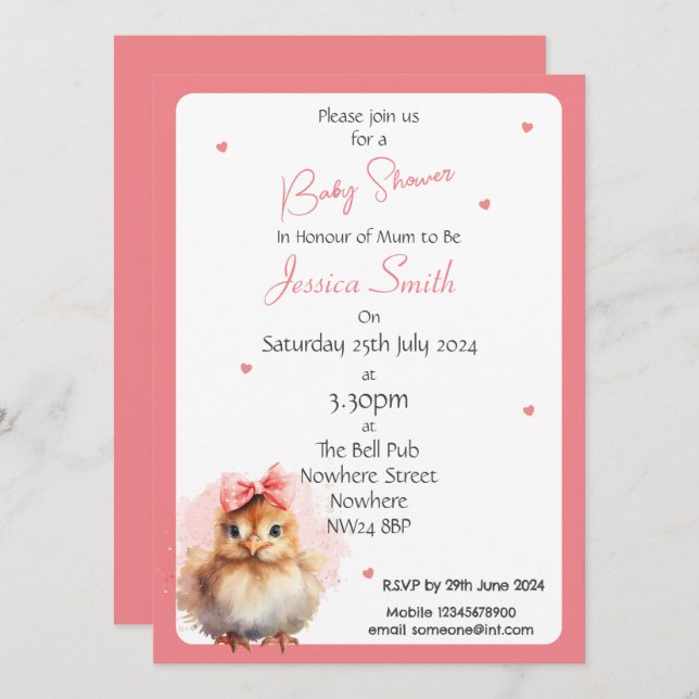 Invitación al Baby Shower de la Bebé Niña Pollito (Anverso / Reverso)