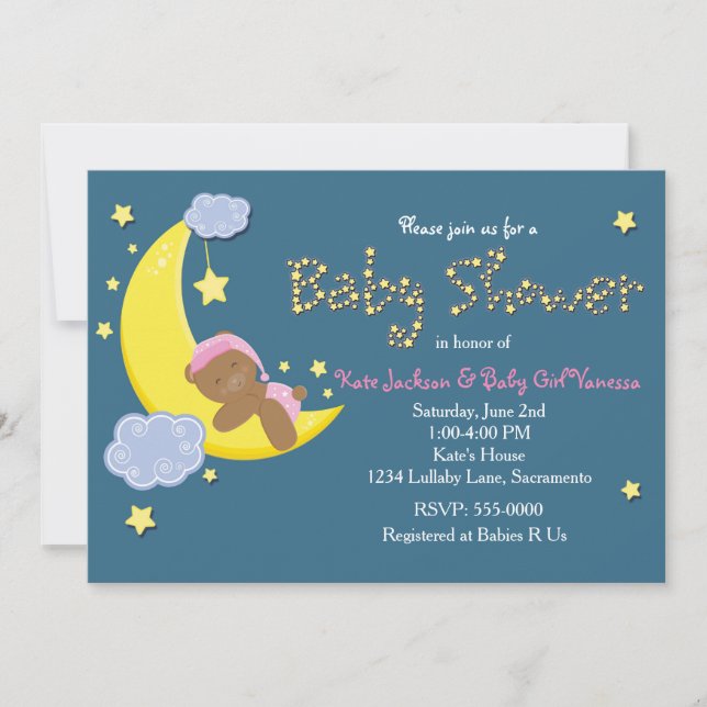 Invitación al BABY SHOWER de Niñas Teddy Bear Moon (Anverso)