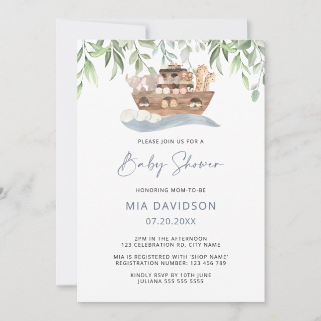 Invitación al Baby Shower de Noah's Ark Greenery (Anverso)