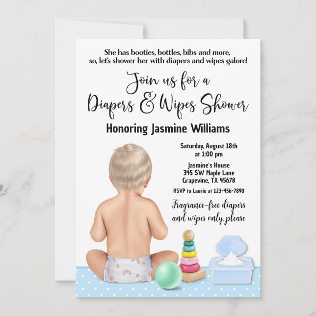 Invitación al baby shower de pañales y toallitas p (Anverso)