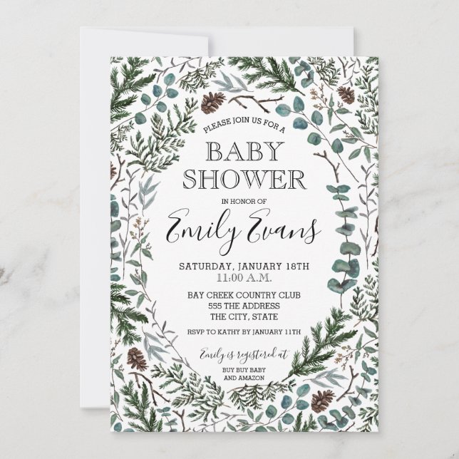 Invitación al baby shower de pino y eucalipto (Anverso)