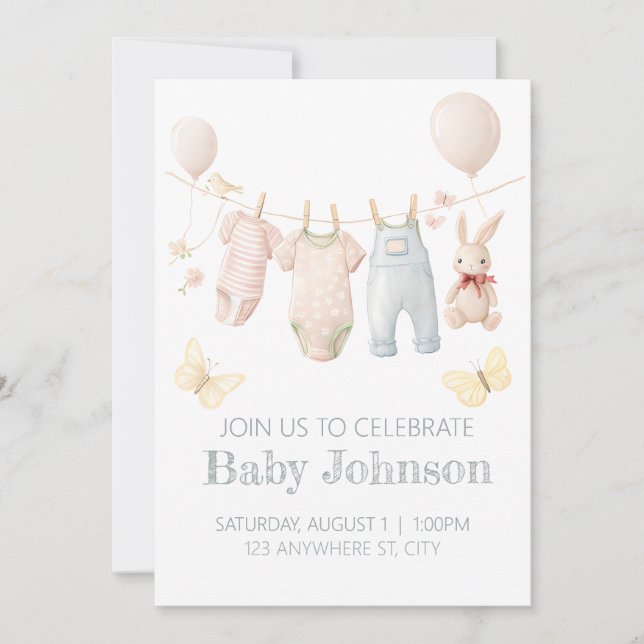 Invitación al Baby Shower de Ropa de Pastel para B (Anverso)