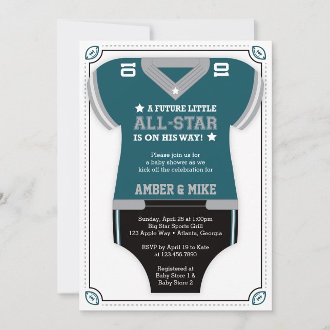 Invitación al Baby Shower del fútbol, verde, negro (Anverso)
