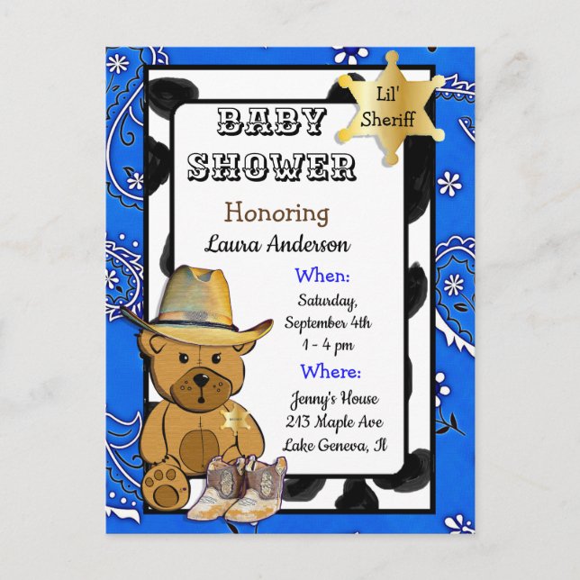 Invitación al Baby Shower del Osito Sheriff Teddy  (Anverso)