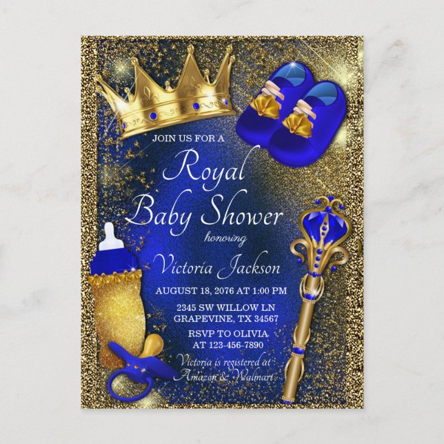 Invitación al baby shower del príncipe azul real y (Anverso)