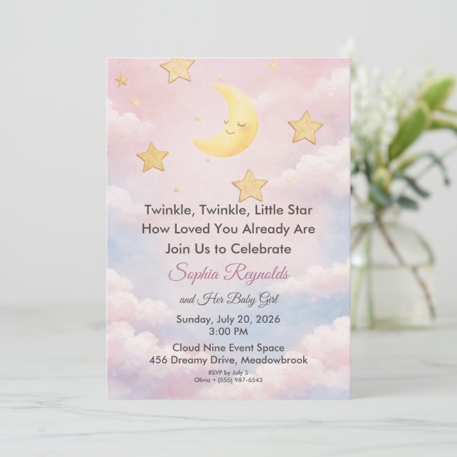 Invitación al Baby Shower Rosa de Estrellita Brill (Anverso de pie)