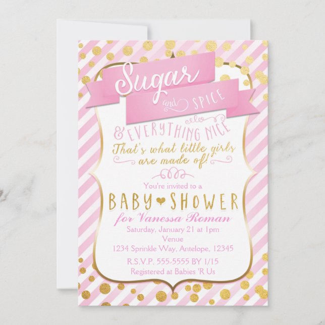 Invitación al Baby Shower Rosa y Dorado de Sugar & (Anverso)