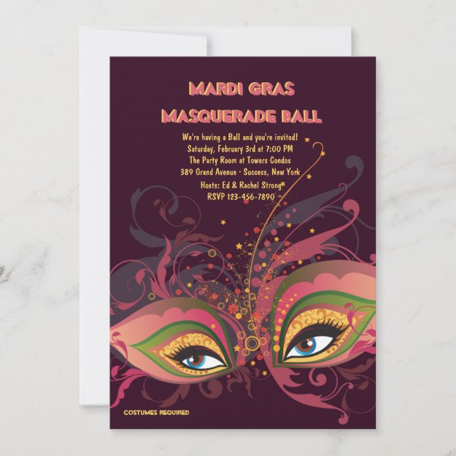 Invitación al baile de máscaras Mardi Gras (Anverso)