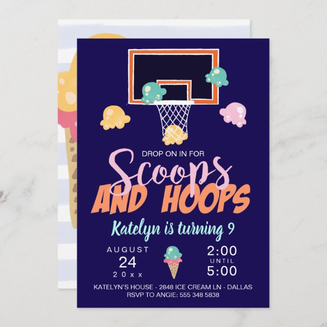 Invitación al baloncesto Chica Scoops y Hoops (Anverso / Reverso)