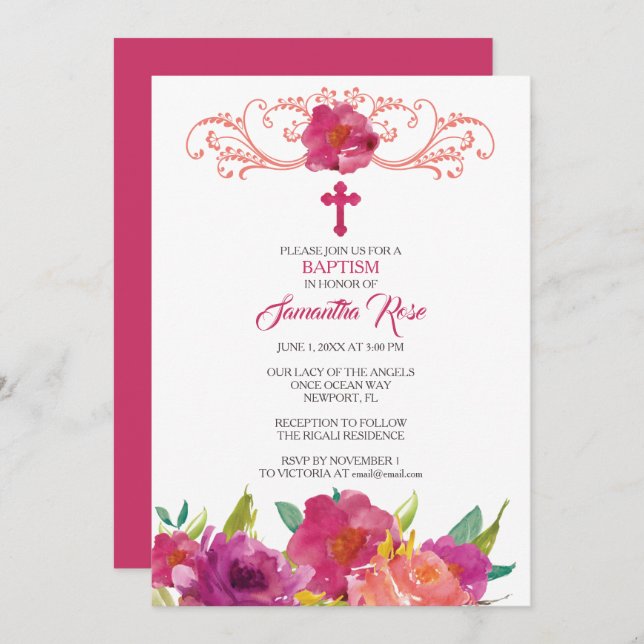INVITACIÓN AL BAPTISMO, Chica, rosas rosadas (Anverso / Reverso)