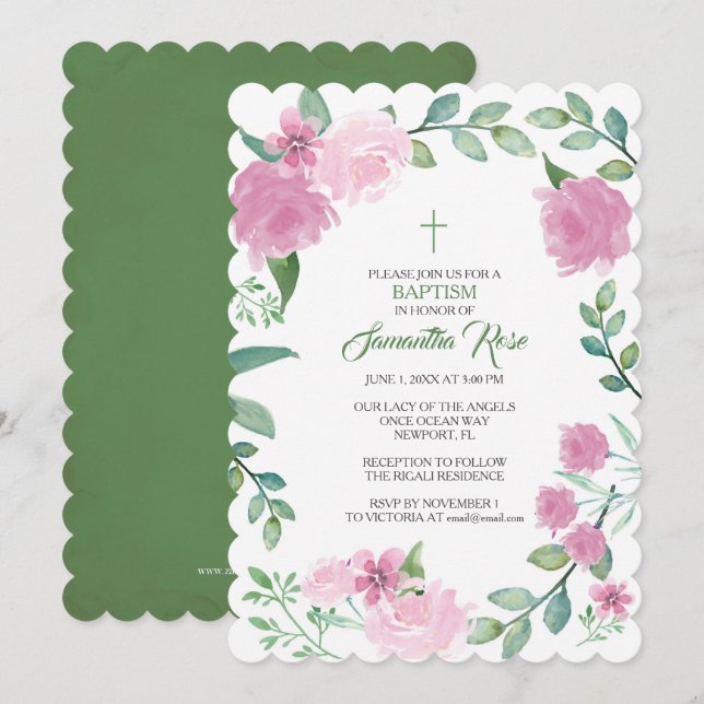 INVITACIÓN AL BAPTISMO, Chica, rosas rosadas (Anverso / Reverso)