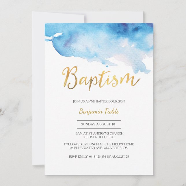 Invitación al bautismo| acuarela azul y oro (Anverso)