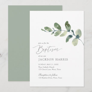 Invitación al bautismo acuarela Eucalyptus Greener