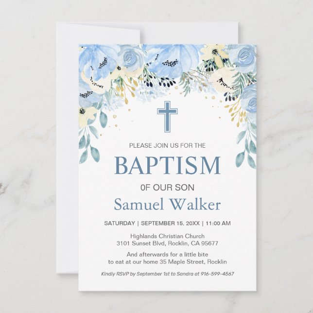 Invitación al bautismo acuarela Floral Blue Boy (Anverso)