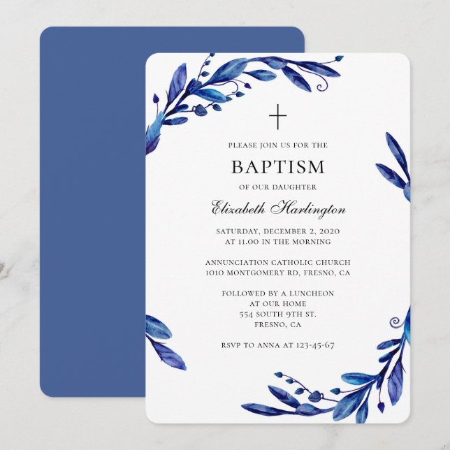 Invitación al bautismo azul. Acuarela botánica (Anverso / Reverso)