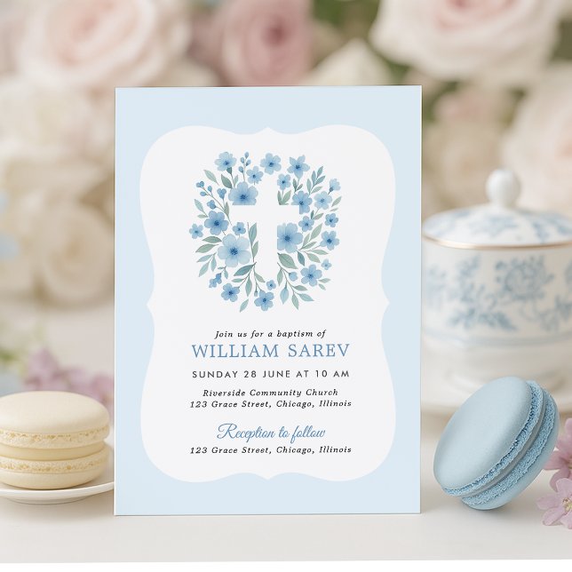 Invitación al bautismo azul con diseño de marco cu (Elegant blue floral cross baptism invitation for baby boy – customizable template)