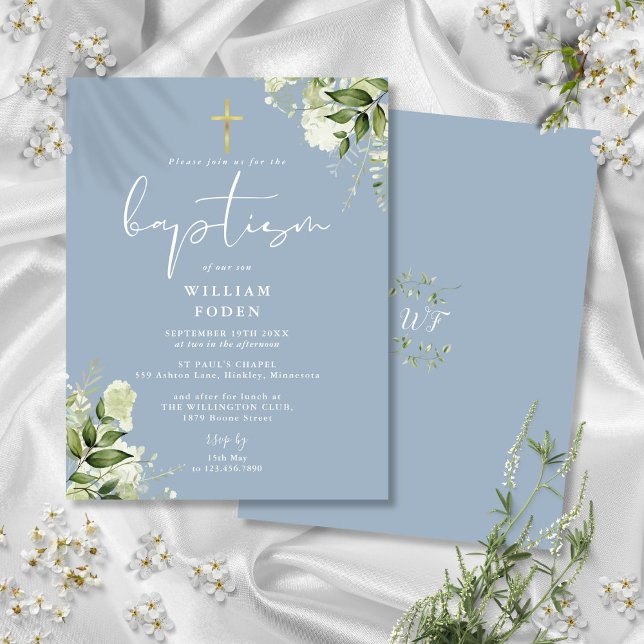 Invitación al Bautismo Azul Dusty Floral Verde (Greenery Floral Dusty Blue Baptism Invitation Postcard)