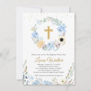 Invitación al bautismo azul floral acuarela